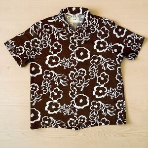 Folk Brown and White Floral Short Sleeve Button-Down Shirt